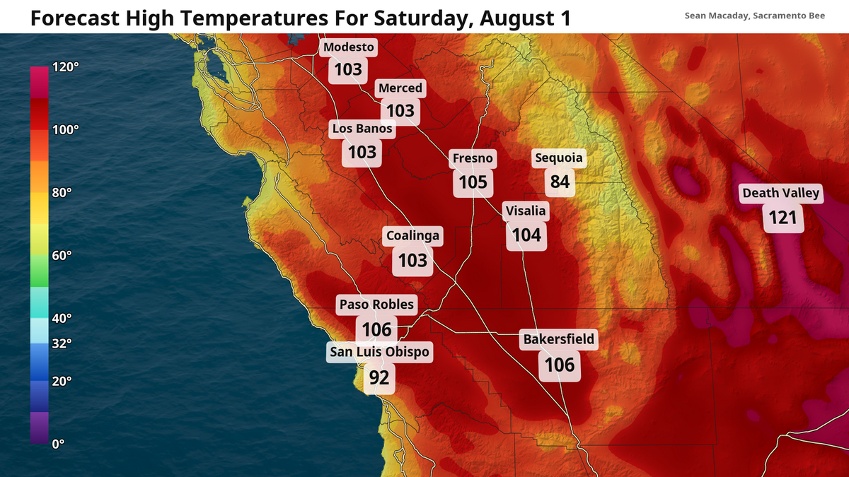 Forecast high temps for Saturday, Aug 1