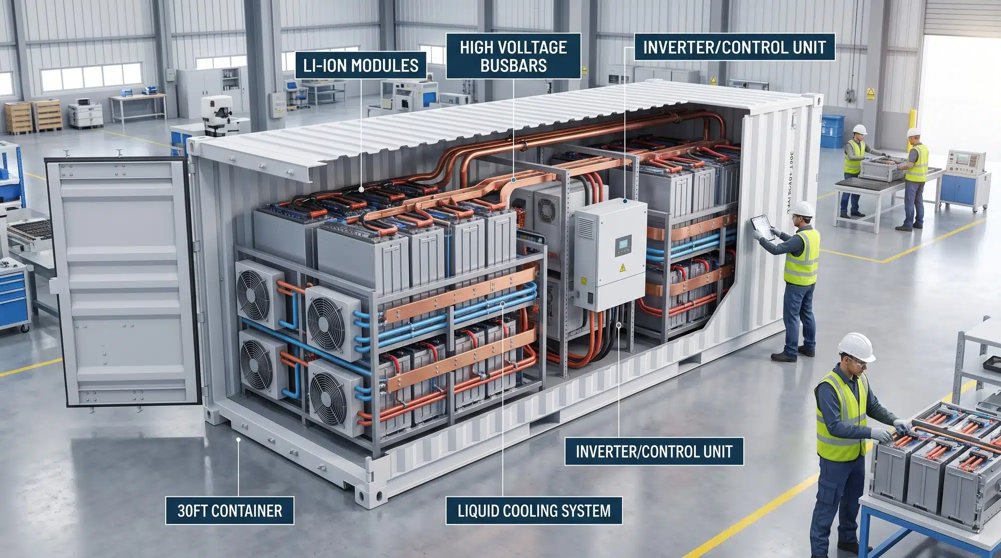 Containerized sodium-ion grid battery storage system being assembled at a manufacturing facility