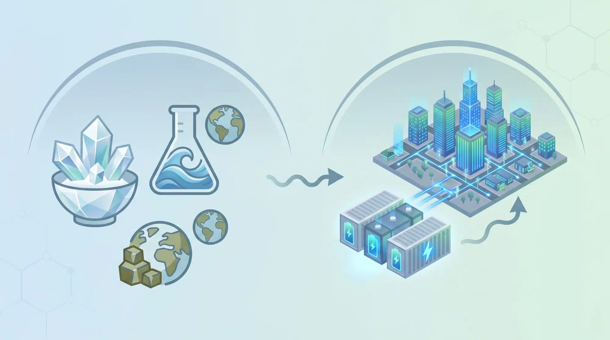 Sodium-ion battery technology concept showing abundant raw materials powering a modern electrical grid