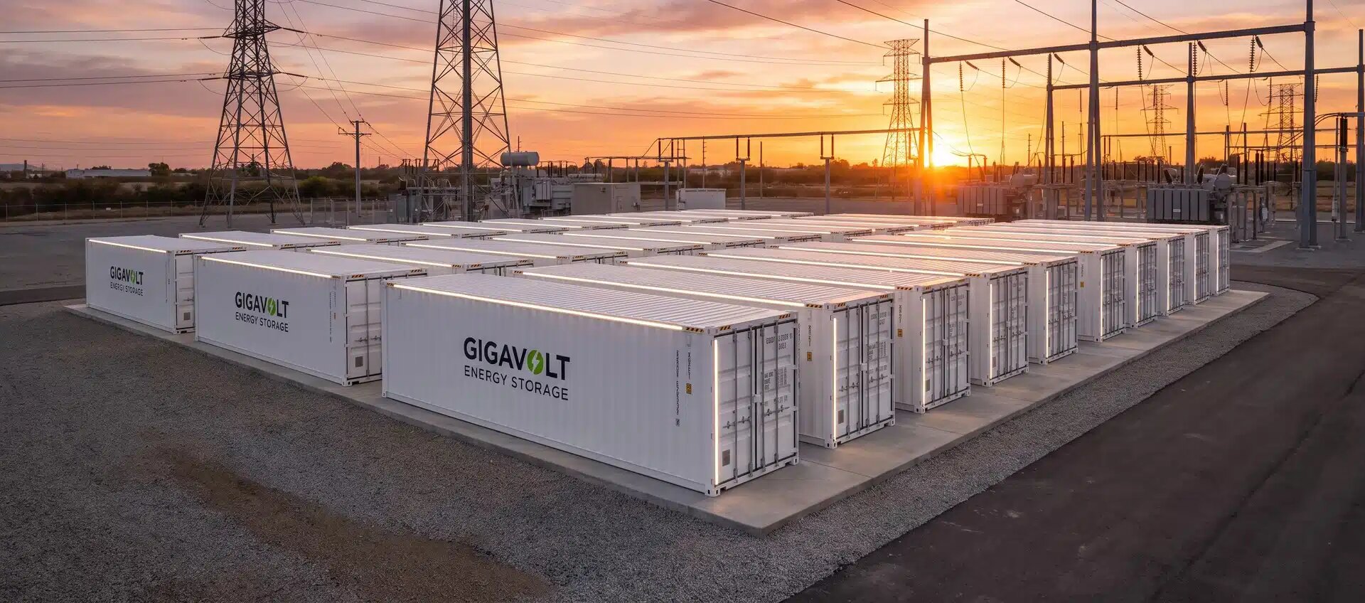 Grid-scale sodium-ion battery energy storage facility with containerized units at sunset