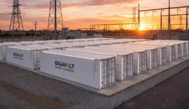 Grid-scale sodium-ion battery energy storage facility with containerized units at sunset