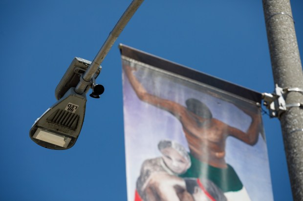 San Diego, California - An automated license plate reader at the intersection of Beardsley Street and Logan Avenue in Barrio Logan on Saturday, Aug. 29, 2026.(Kristian Carreon / The San Diego Union-Tribune)