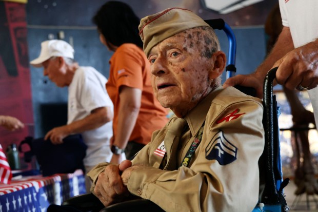 WWII Army Veteran Andre Chappaz during the Spirit of 45 "A Celebration of the 81st Anniversary of the End of WWII" on Sunday, August 9, 2026 at the San Diego Air and pace Museum in Balboa Park. The event, put on by Honor Flight San Diego, was held in honor of 2010 when Congress the Second Sunday in August as Spirit of '45 Day, to celebrate August 14th, 1945 when the War ended, as well as a tribute to all veterans. (Photo by Sandy Huffaker for The San Diego Union-Tribune)