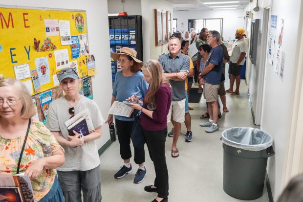 A long line forms for the open house event at Standley Recreation Center on Wednesday, Aug. 12, 2026 in San Diego. (Michael Ho / For The San Diego Union-Tribune)