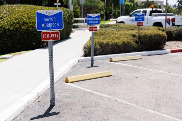 San Diego, California - The parking spot for Mayor Ron Morrison at City Hall in National City, as seen on Saturday, Aug. 15, 2026. (Kristian Carreon / The San Diego Union-Tribune)