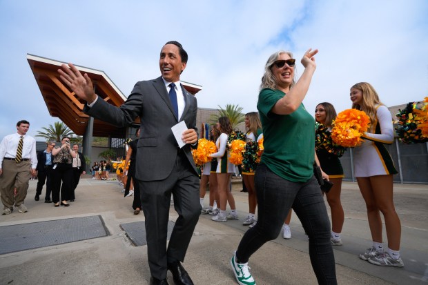 Patrick Henry High School Principal Melanie Kray, along with San Diego Mayor Todd Gloria, welcomed students back to school on Monday, Aug. 10, 2026, marking the start of the 2026-2027 academic year. (Nelvin C. Cepeda / The San Diego Union-Tribune)