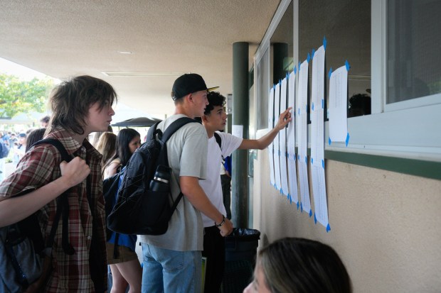Incoming freshman students from Patrick Henry High School check which class they have for their first period at the start of the 2026-2027 academic year. (Nelvin C. Cepeda / The San Diego Union-Tribune)