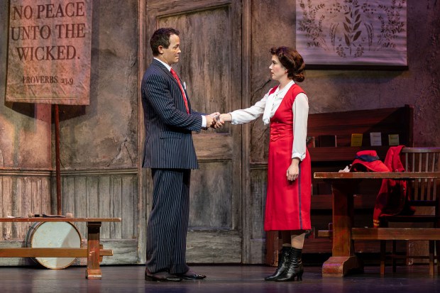Patrick Cummings as Sky Masterson, left, and Alessa Neeck as Sarah Brown in Moonlight Stage Productions' "Guys and Dolls." (Karli Cadel)