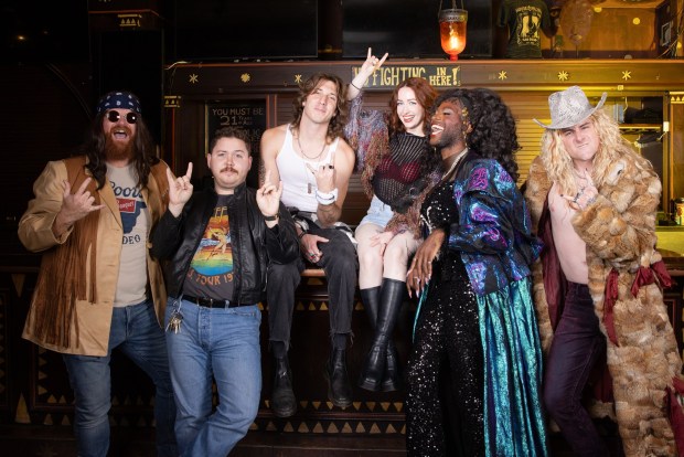 Cast members of San Diego Musical Theatre's "Rock of Ages," from left, Tim Roberts, Zane Camacho, Aaron Gibbs, Lizzy Scheck, Amber St. James and Michael Pinning. (Julie Licari)