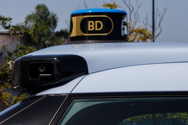 San Diego, California - The rider's initials are displayed on the central perception dome, as shown on Friday, Aug. 21, 2026. (Kristian Carreon / The San Diego Union-Tribune)