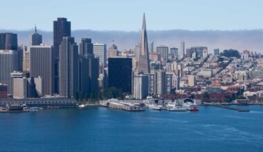 Aerial view of Downtown San Francisco buildings from the Bay.