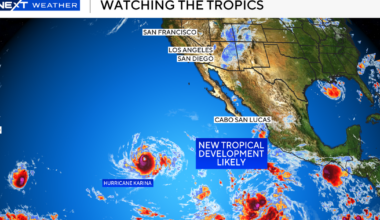 Tropical storm battering Southern California is currently the "least likely outcome" for weekend forecast, National Weather Service says