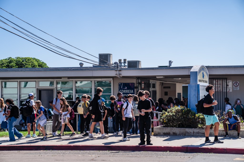 Students leaving school for the day at Correia Middle School in Point Loma on Sept. 18, 2023.