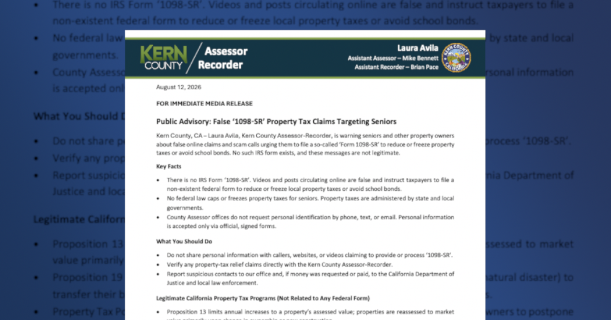 Kern County warns seniors about fake property tax relief form
