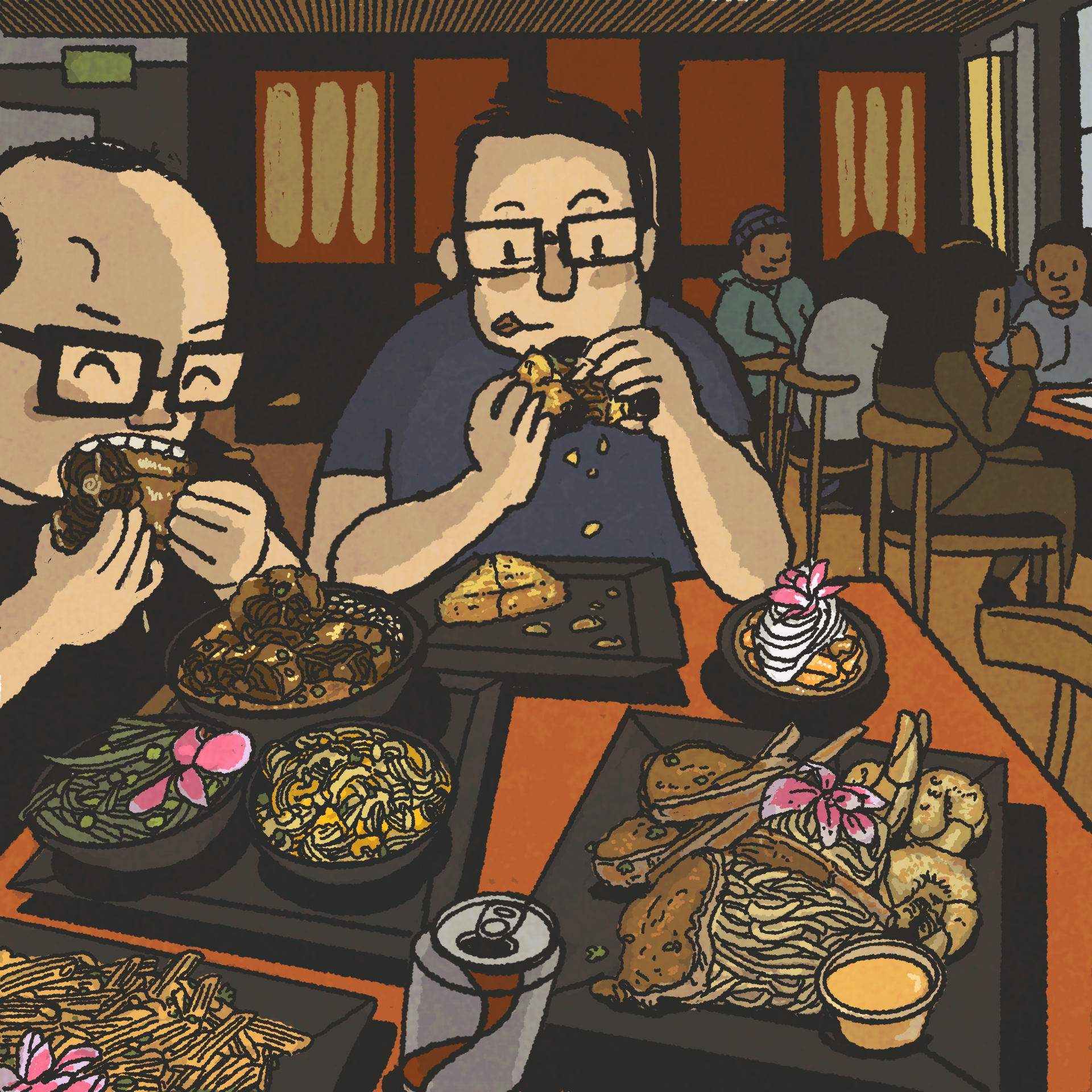Illustration Two men dig into an abundant spread of braised oxtails and other soul food dishes.