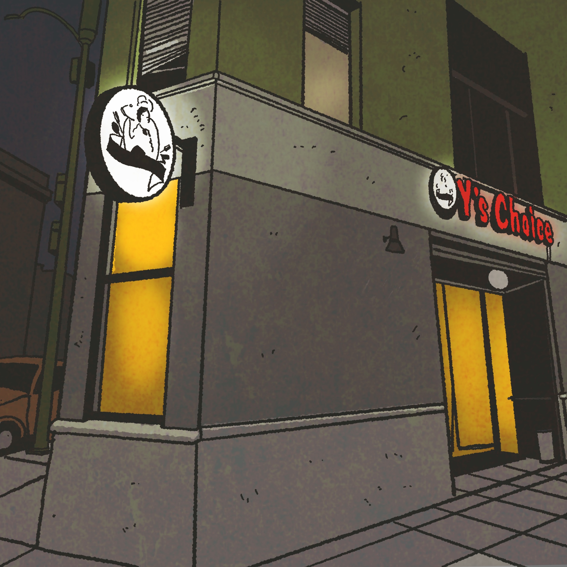 Exterior of a restaurant at nighttime. The sign outside reads, "Y's Choice."