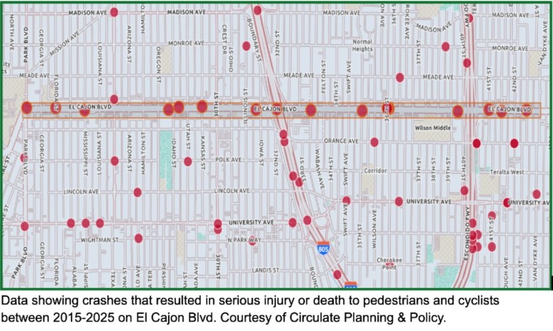 A map of a stretch of El Cajon Boulevard in San Diego with dots showing areas where serious accidents occured from Park Boulevard to Van Dyke Avenue.