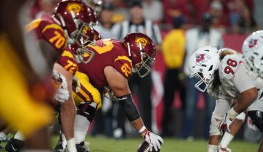 Aug 31, 2019; Los Angeles, CA, USA; General overall view as Southern California Trojans center Brett Neilon (62) snaps the ball against Fresno State Bulldogs defensive tackle Keiti Iakopo (98) at the line of scrimmage uat Los Angeles Memorial Coliseum. USC defeated Fresno State 31-23.  Mandatory Credit: Kirby Lee-USA TODAY Sports