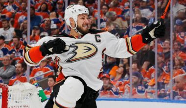 May 3, 2017; Edmonton, Alberta, CAN; Anaheim Ducks forward Ryan Getzlaf (15) celebrates a second period goal against the Edmonton Oilers in game four of the second round of the 2017 Stanley Cup Playoffs at Rogers Place. Mandatory Credit: Perry Nelson-USA TODAY Sports
