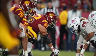 Aug 31, 2019; Los Angeles, CA, USA; General overall view as Southern California Trojans center Brett Neilon (62) snaps the ball against Fresno State Bulldogs defensive tackle Keiti Iakopo (98) at the line of scrimmage uat Los Angeles Memorial Coliseum. USC defeated Fresno State 31-23.  Mandatory Credit: Kirby Lee-USA TODAY Sports