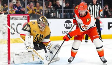 May 6, 2026; Las Vegas, Nevada, USA; Anaheim Ducks left wing Chris Kreider (20) deflects the puck toward Vegas Golden Knights goaltender Carter Hart (79) during the second period of game two of the second round of the 2026 Stanley Cup Playoffs at T-Mobile Arena. Mandatory Credit: Stephen R. Sylvanie-Imagn Images