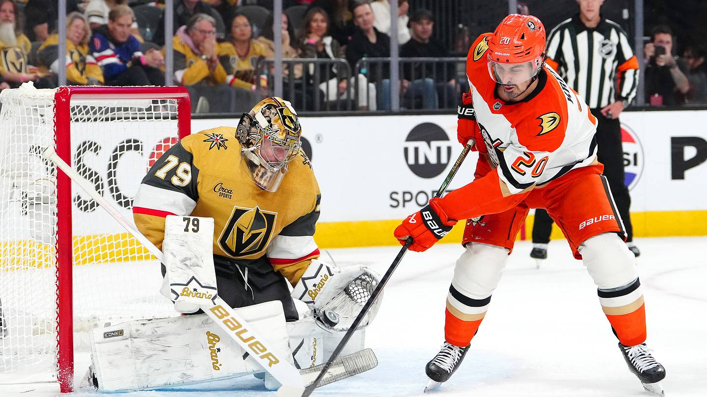 May 6, 2026; Las Vegas, Nevada, USA; Anaheim Ducks left wing Chris Kreider (20) deflects the puck toward Vegas Golden Knights goaltender Carter Hart (79) during the second period of game two of the second round of the 2026 Stanley Cup Playoffs at T-Mobile Arena. Mandatory Credit: Stephen R. Sylvanie-Imagn Images