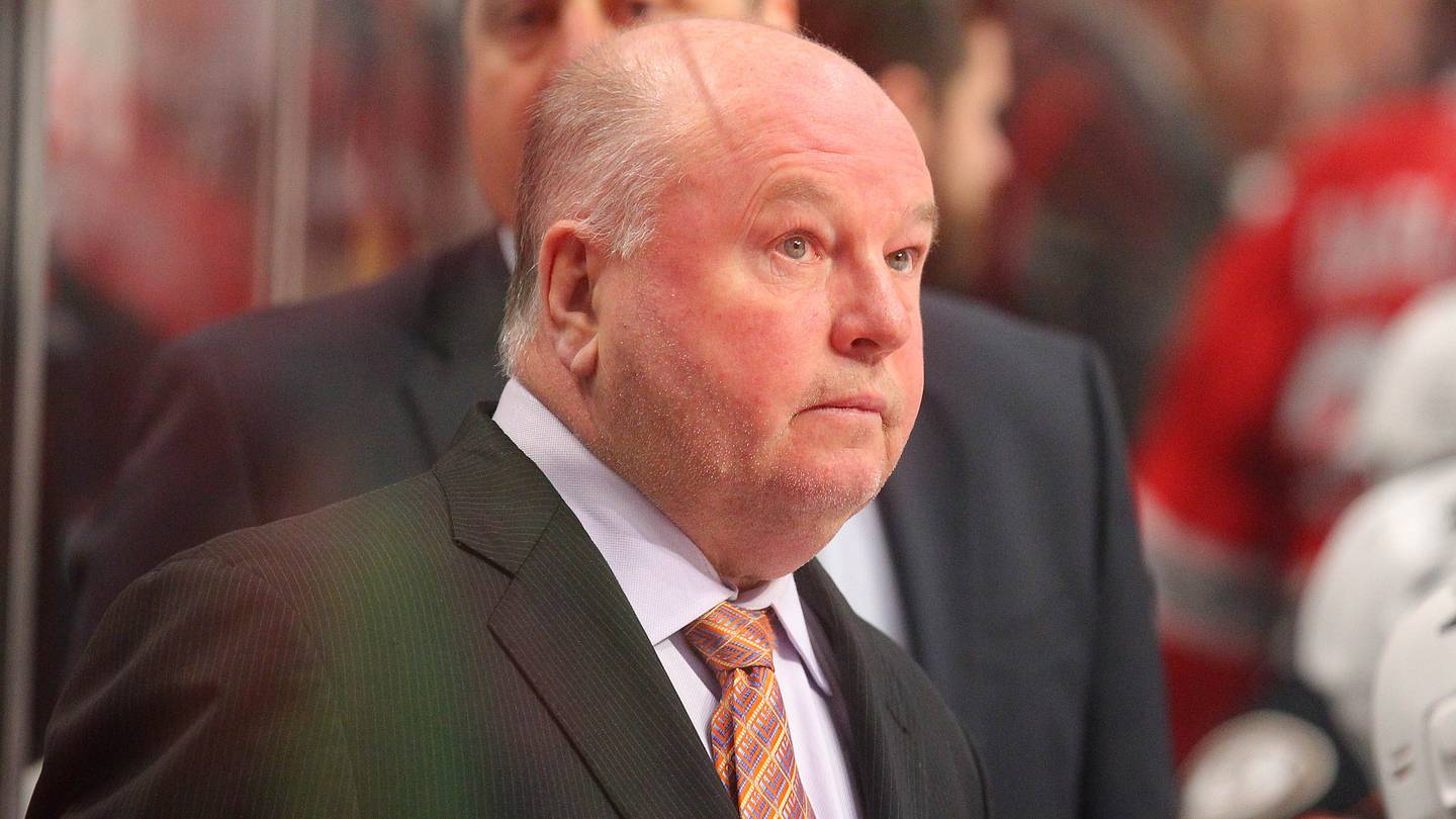 May 27, 2015; Chicago, IL, USA; Anaheim Ducks head coach Bruce Boudreau during the third period in game six of the Western Conference Final of the 2015 Stanley Cup Playoffs against the Chicago Blackhawks at the United Center. Chicago won 5-2. Mandatory Credit: Dennis Wierzbicki-USA TODAY Sports