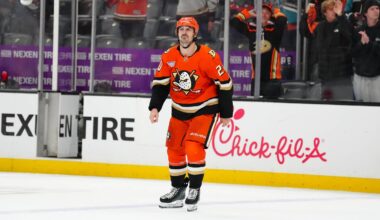 Apr 30, 2026; Anaheim, California, USA; Anaheim Ducks left wing Chris Kreider (20) reacts at the end of game six of the first round of the 2026 Stanley Cup Playoffs against the Edmonton Oilers at Honda Center. Mandatory Credit: Kirby Lee-Imagn Images