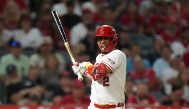 Aug 12, 2026; Anaheim, California, USA; Los Angeles Angels Oswald Peraza (2) reacts after being hit by a pitch in the sixth inning against the Texas Rangers at Angel Stadium. Mandatory Credit: Kirby Lee-Imagn Images