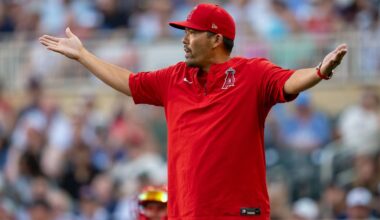 Jul 10, 2026; Minneapolis, Minnesota, USA; Los Angeles Angels head coach Kurt Suzuki throws his arms up towards home plate umpire Chris Segal (not pictured) agaisnt the Minnesota Twins in the first inning at Target Field. Mandatory Credit: Jesse Johnson-Imagn Images