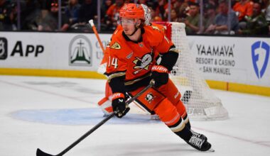 May 8, 2026; Anaheim, California, USA; Anaheim Ducks defenseman Drew Helleson (14) moves the puck against the Vegas Golden Knights during the first period in game three of the second round of the 2026 Stanley Cup Playoffs at Honda Center. Mandatory Credit: Gary A. Vasquez-Imagn Images