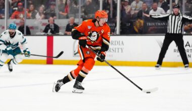 Apr 9, 2026; Anaheim, California, USA; Anaheim Ducks center Leo Carlsson (91) skates with the puck against the San Jose Sharks in the second period at Honda Center. Mandatory Credit: Kirby Lee-Imagn Images