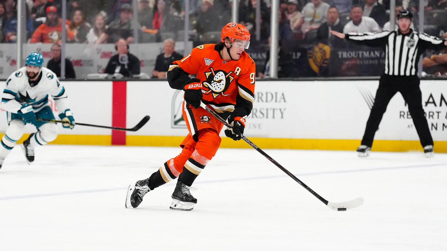 Apr 9, 2026; Anaheim, California, USA; Anaheim Ducks center Leo Carlsson (91) skates with the puck against the San Jose Sharks in the second period at Honda Center. Mandatory Credit: Kirby Lee-Imagn Images
