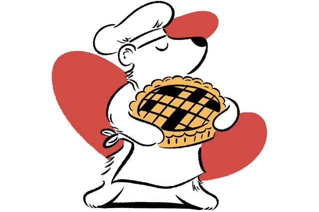 bear wearing a chef hat holding a pie with red hearts in the background, issue 37, crossword, illustration bear wearing a chef hat holding a pie with red hearts in the background, issue 37, crossword, illustration