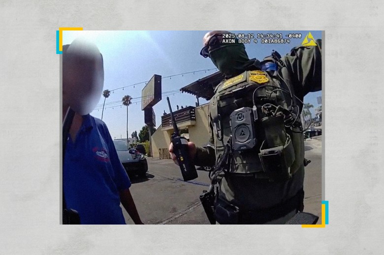 Body camera footage shows a masked law enforcement officer standing beside a person whose face is blurred.