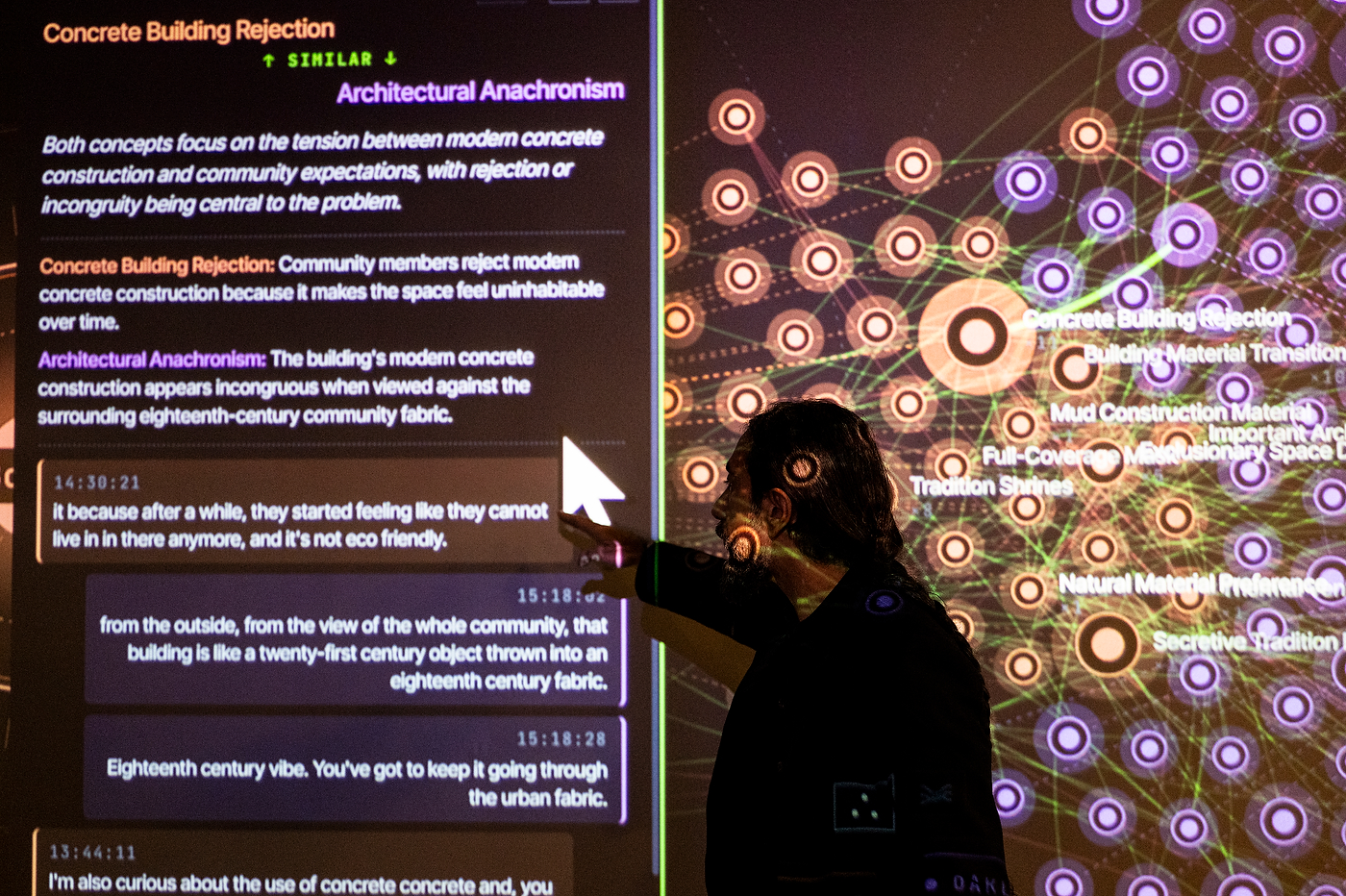 A presentation screen displaying architectural research on a historic concrete building, lit in purple.