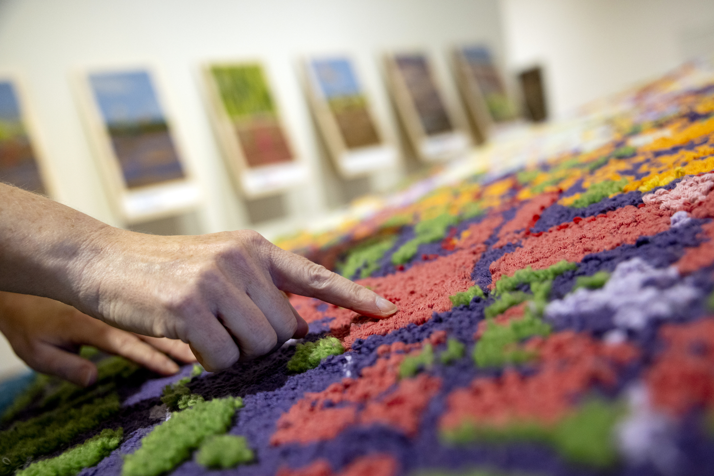 A row of small colorful landscape paintings by Amanda Ugorji and Sophie Weston Chien hang on a gallery wall.