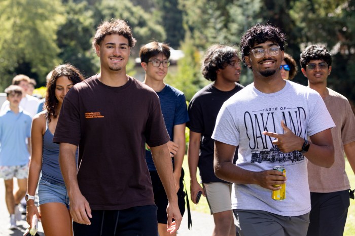 Students walking together outdoors, smiling.