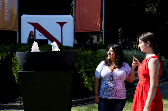 A student holds a lit torch, silhouetted against a backdrop with the Northeastern "N" logo.