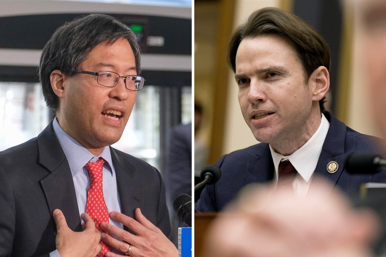 A side-by-side split image shows a person on the left wearing glasses and a suit with a red tie, speaking at a podium and gesturing as they speak. The person on the right wears a dark blue suit with an American seal pin and speaks into a microphone while seated in a hearing.