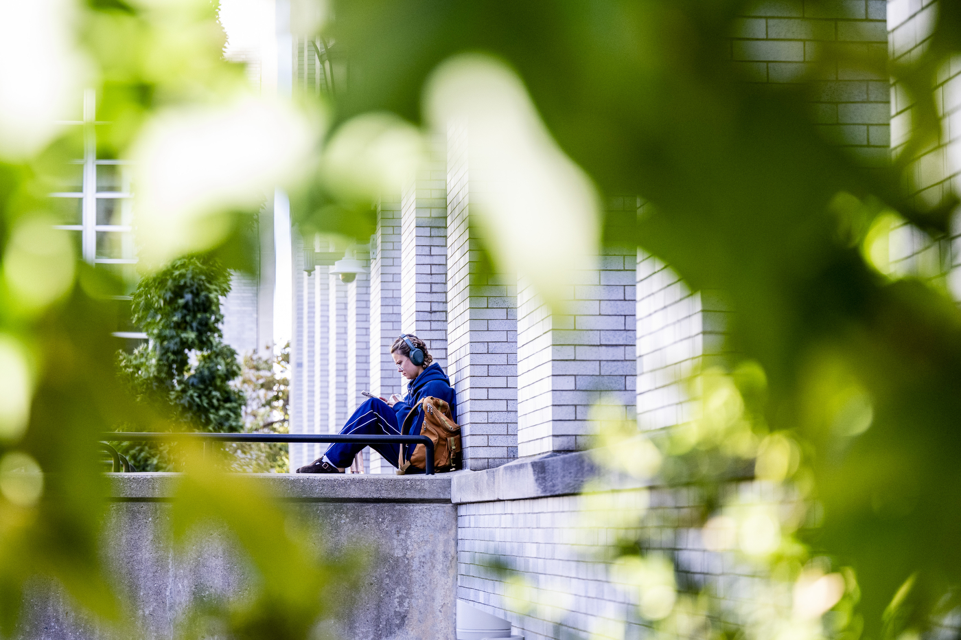 A student sits on outdoor steps on Northeastern's campus, partially framed by green foliage.