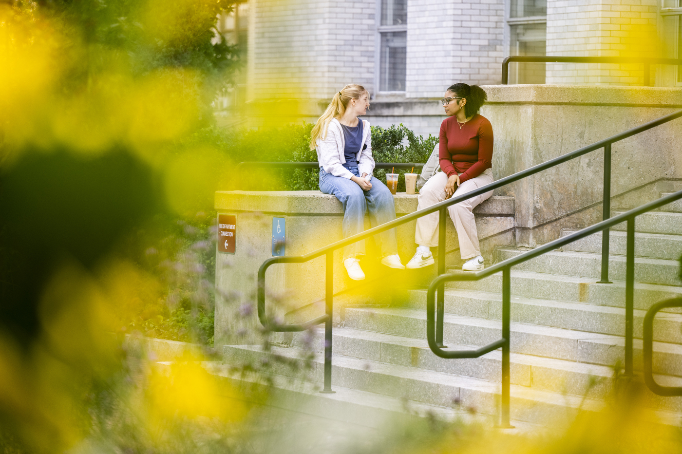 Two students sit talking on the steps of Ell Hall, framed by out-of-focus golden leaves.