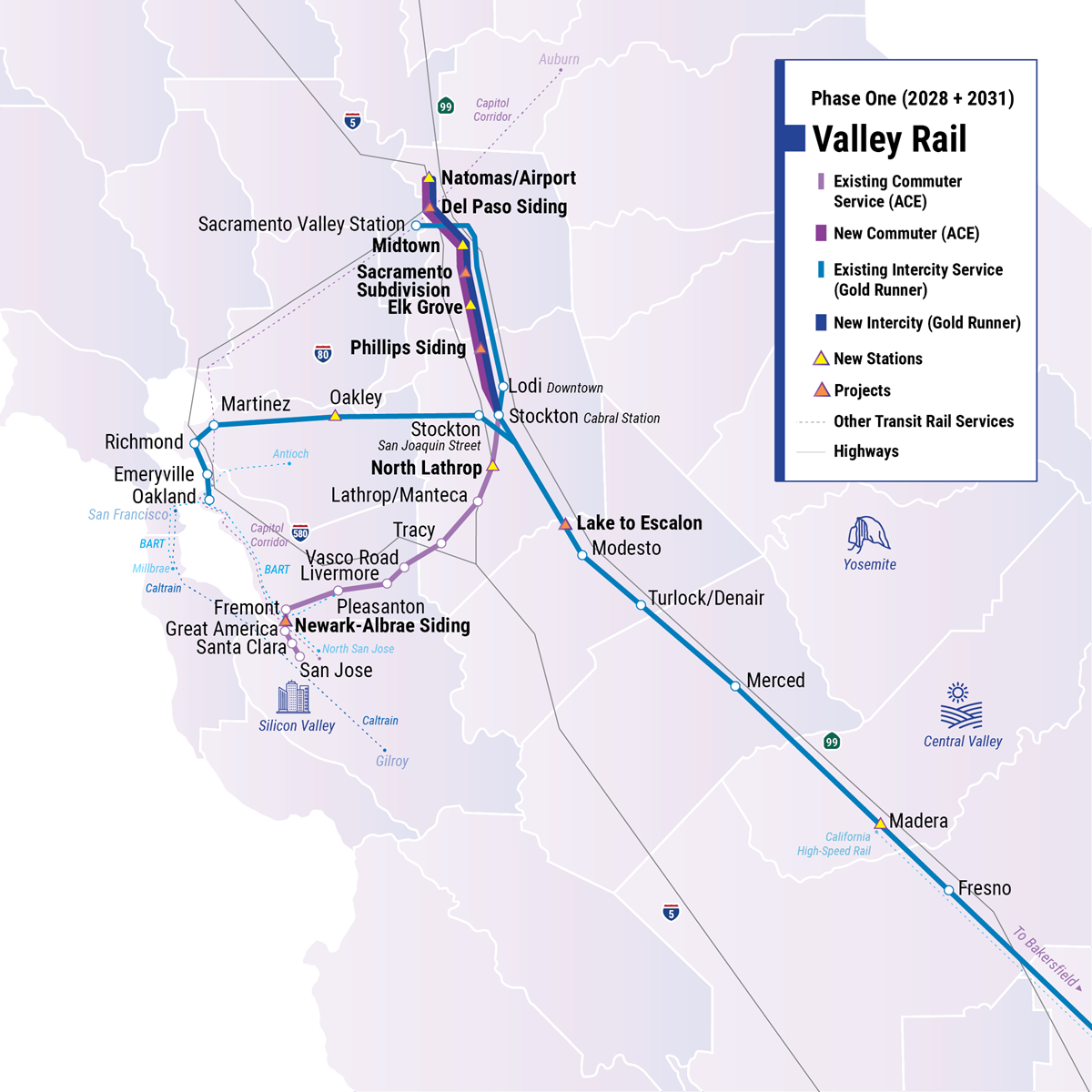 A map of the first phase of the Valley Rail project, showing connections north to Sacramento.