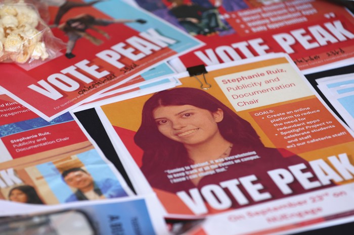 Close-up of red "Vote Peak" campaign flyers alongside candidate information sheets.