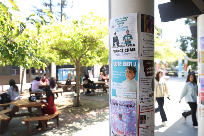 A campus pole plastered with candidate flyers stands near trees and walking students on Northeastern's Oakland campus.