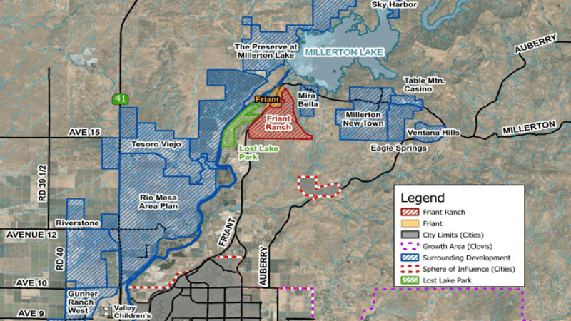 A regional map shows the proposed Friant Ranch development north of Fresno near Friant and Millerton Lake (PHOTO: Courtesy Fresno County.)
