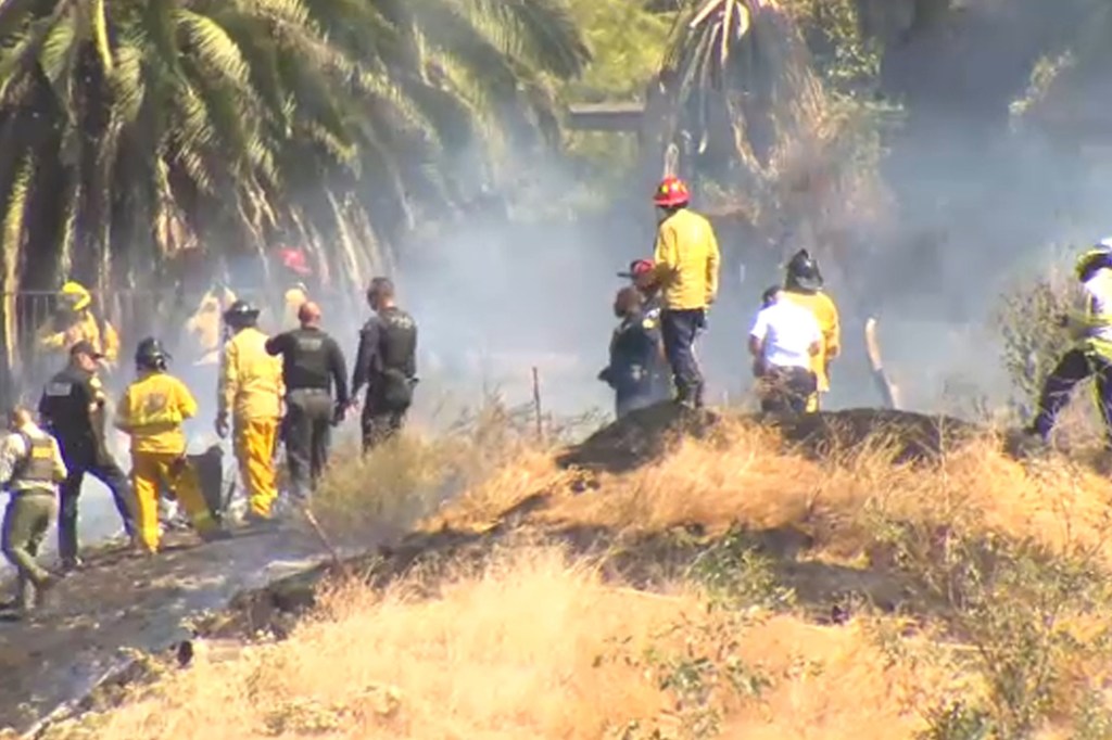 Firefighters and emergency personnel on a smoky, dry hillside.