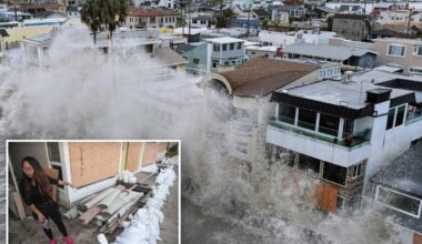 Long Beach homeowners flee as 12-foot waves smash seawall, flood homes and destroy cars