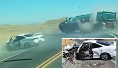 Horrific moment sports car crosses Fresno highway and flips trailer truck
