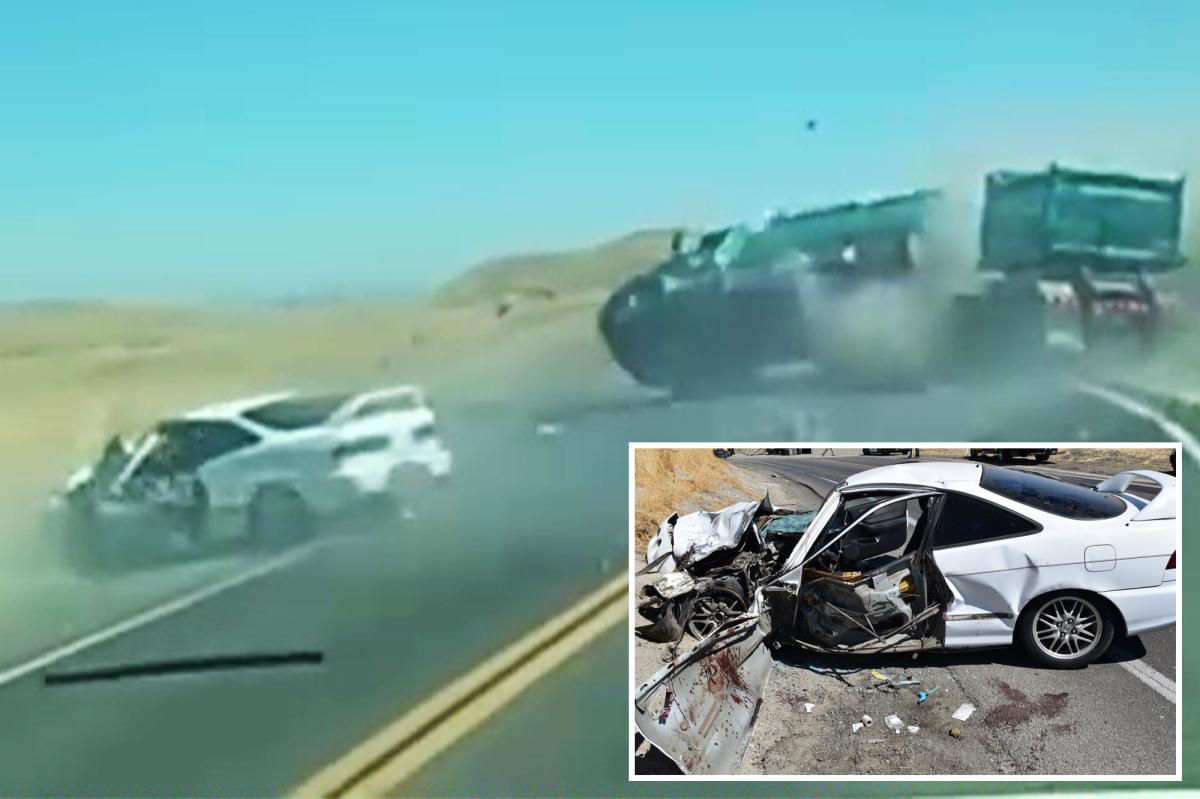 Horrific moment sports car crosses Fresno highway and flips trailer truck